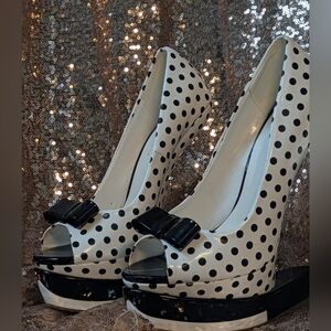 Shoe Republic LA Black and White Polka Dot Peep Toe Heels